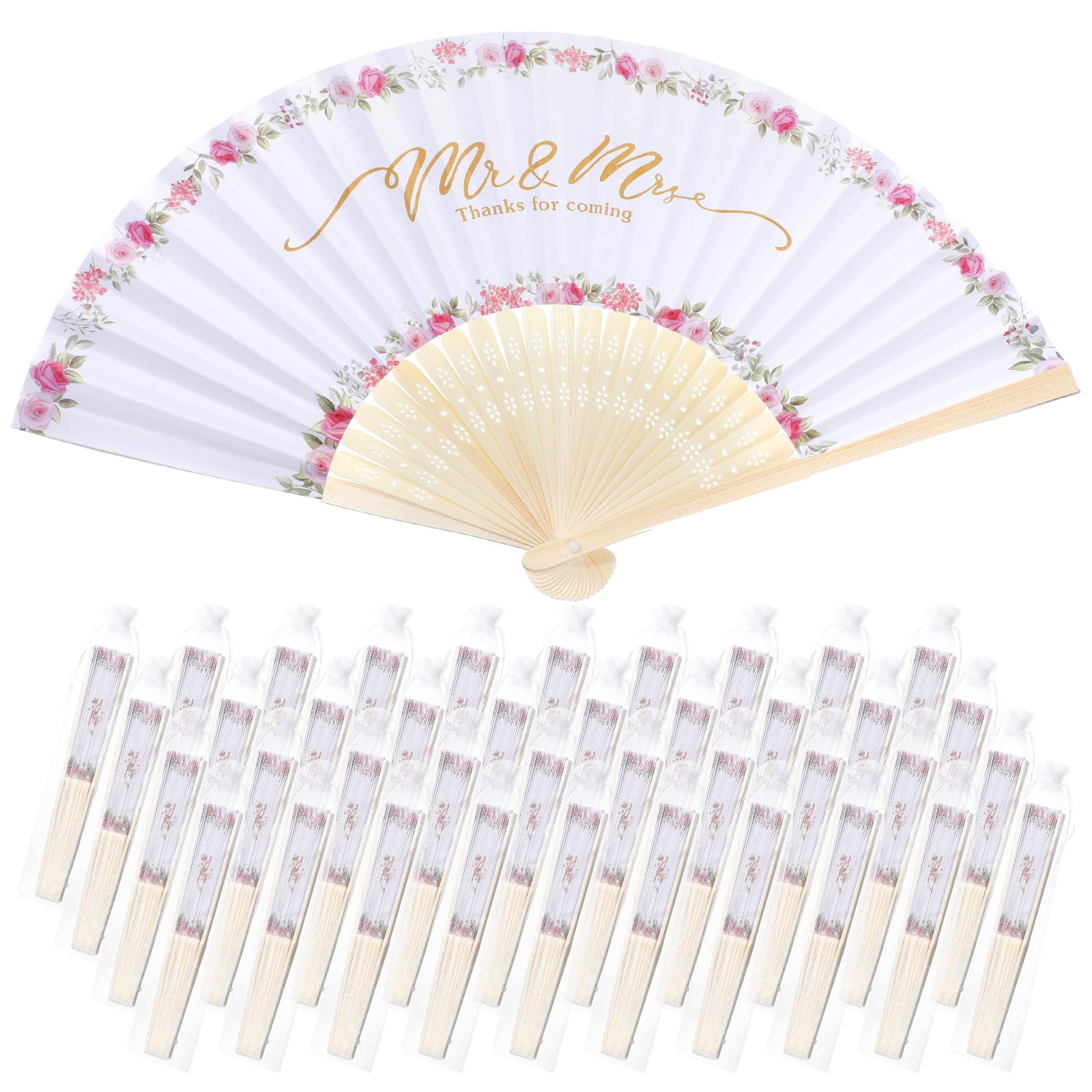 50 abanicos de mano de boda para invitados con bolsas de organza, abanicos plegables de bambú decorativos a granel Mr Mrs Thanks for Coming Fans para bodas, fiestas, decoraciones de despedida de