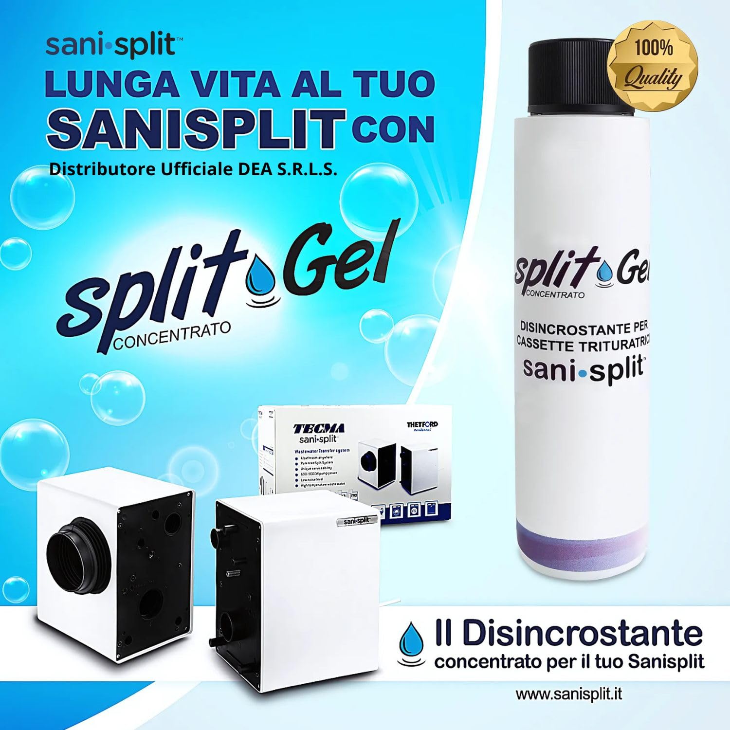 Trituratore WC Maceratore Sanitario SANISPLIT 3 WC Universale Bagno Pompa Scantinato Acque Reflue Nere e Grigie Water Lavabo Divisibile Garanzia Italia DEA con Split Gel Disincrostante