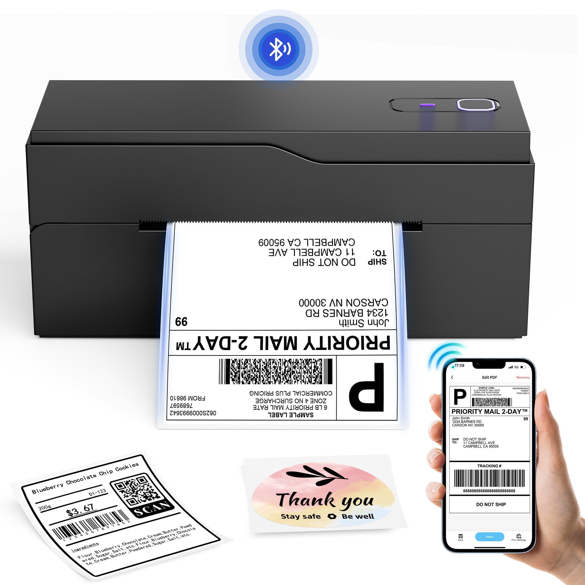 Bluetooth Thermal Shipping Label Printer – Wireless 4x6 Shipping Label Printer for Small Business & Shipping Packages, Support Android, iPhone and Windows, Widely Used for Amazon, Ebay, Shopify, Etsy