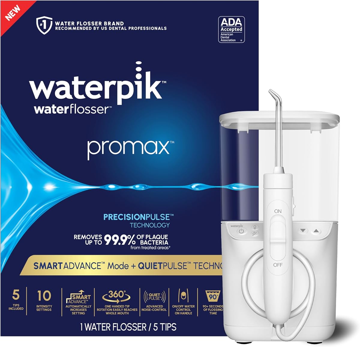 Waterpik Promax irrigador dental para encimera, SmartAdvance, 10 configuraciones, 5 puntas | Pequeño y silencioso para la salud diaria de las encías en el hogar, aparatos dentales, implantes, limpieza de dientes, múltiples usuarios, aceptado por ADA, WF-23