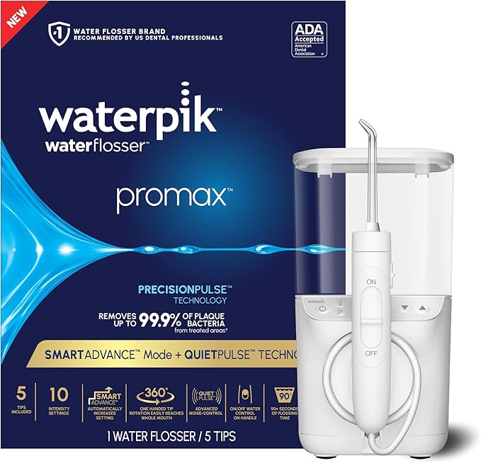 Waterpik Promax Water Flosser with SmartAdvance Mode for Daily Gum Health and Cleaning Teeth, Braces, Implants, ADA Accepted, Small Quiet Design, Electric Flosser with 10 Settings, 5 Tips, WF-23