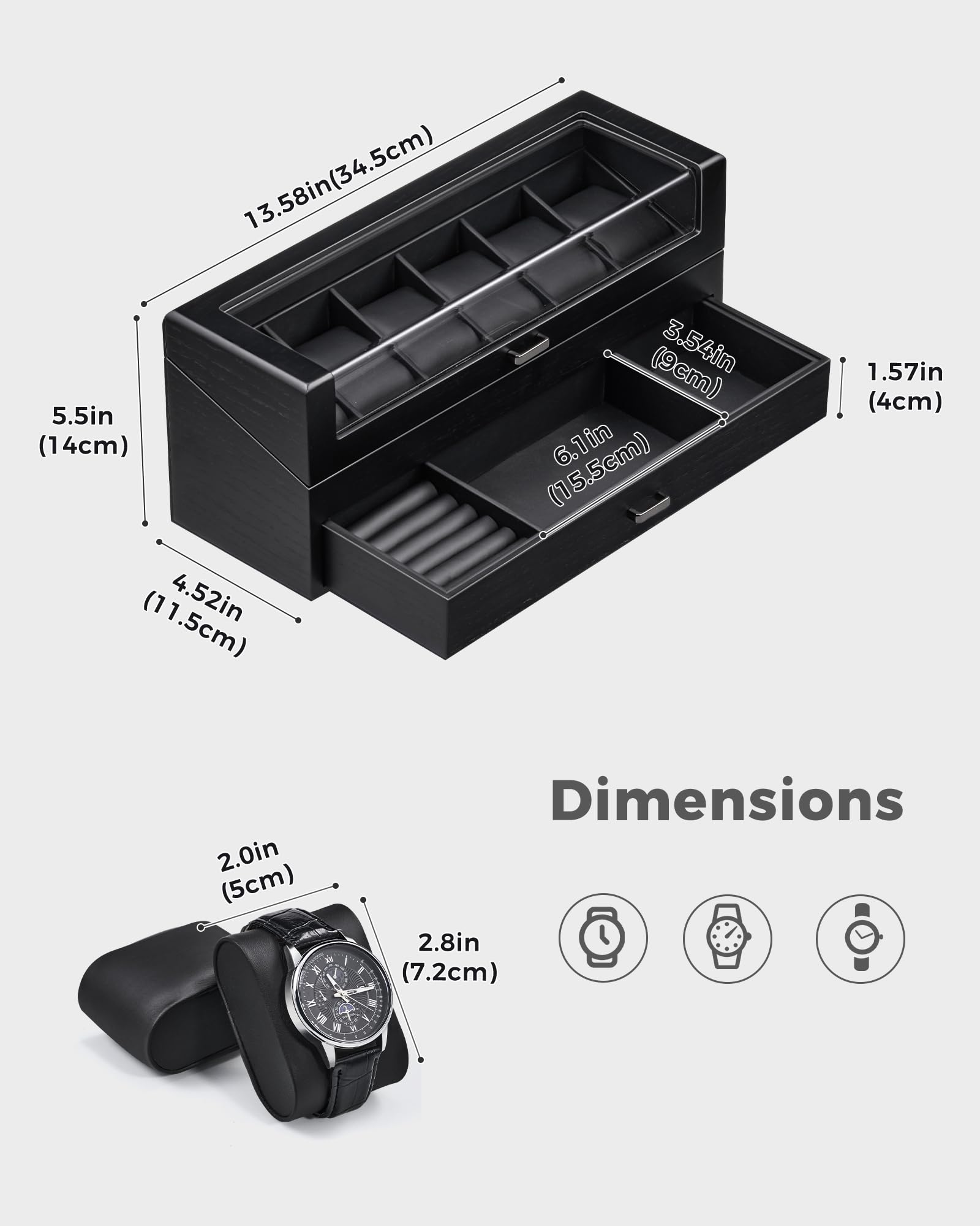 ProCase Scatola Orologi e Gioielli per Uomo in Legno - Vetrina con Cassetto, 6 Slot per Orologi, Anelli e Occhiali, Coperchio in Vetro, Nero