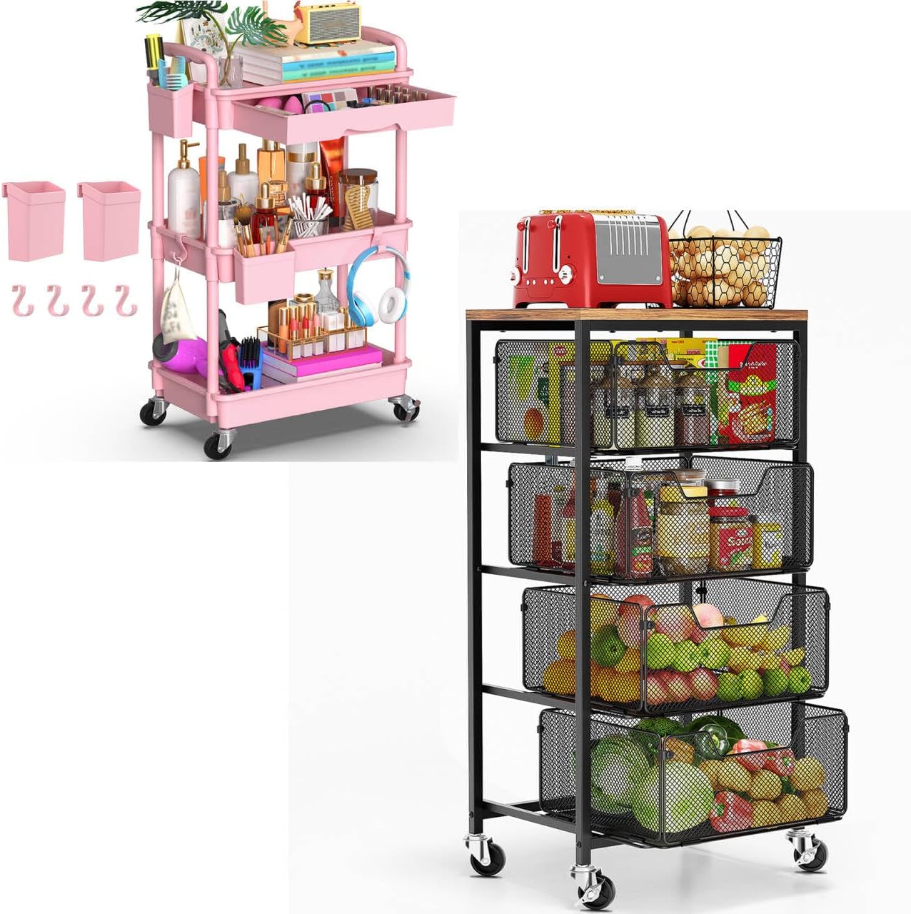 Goovilla 3 Tier Pink Plastic Rolling Utility Cart Organizer with Removable Drawer, 4 Tier Black Metal Kitchen Rolling Utility Cart Organizer on Lockable Wheels