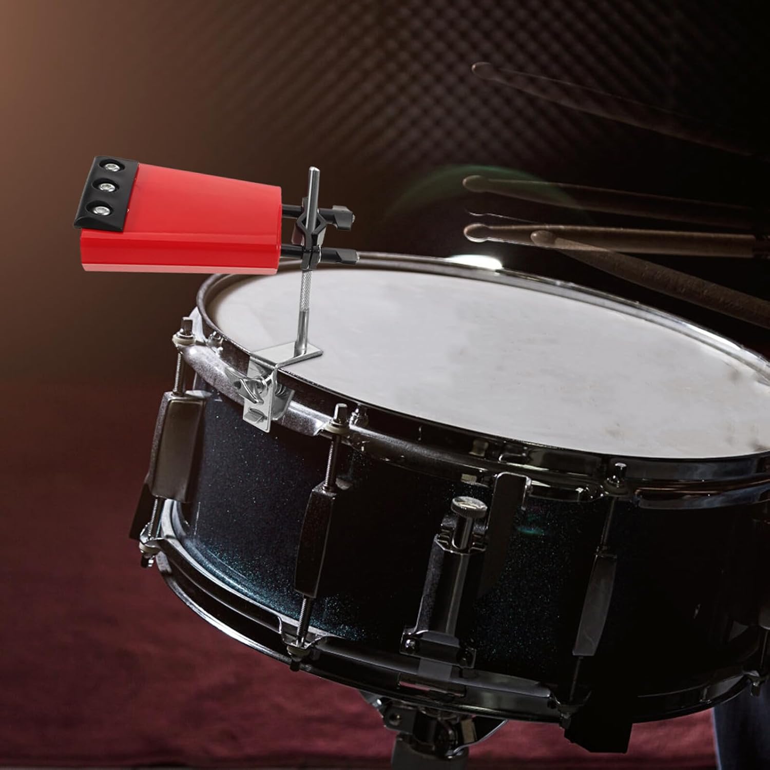 Metal Percussion Bell Drum Accessory with Black Damping Strip, Large Clip on Percussion Bell for Drum Kit Practice and Music Rehearsal, Red with Sound Reduce Protection