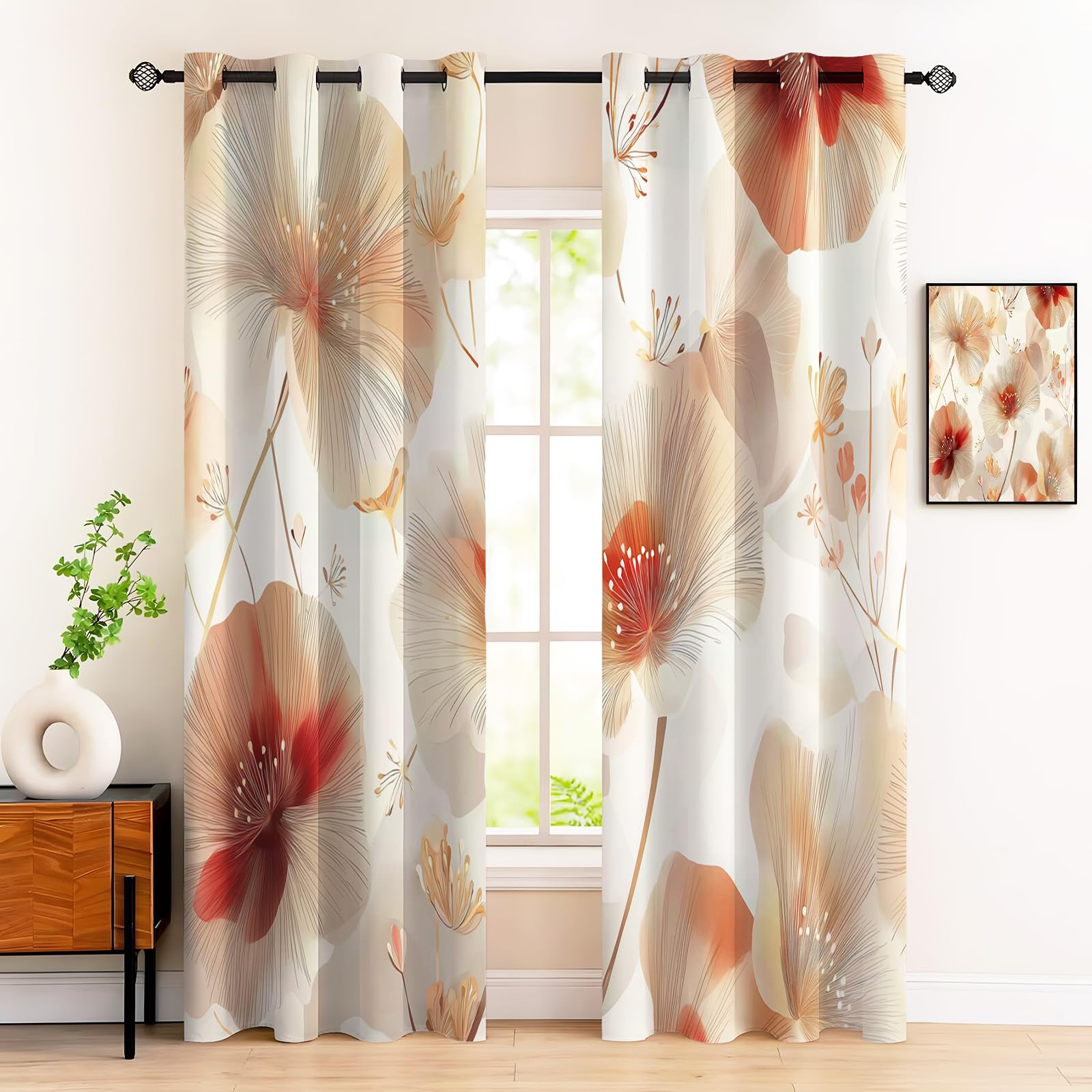 Rideau thermique occultant contre le froid et la lumière - Motif botanique orange lot de 2