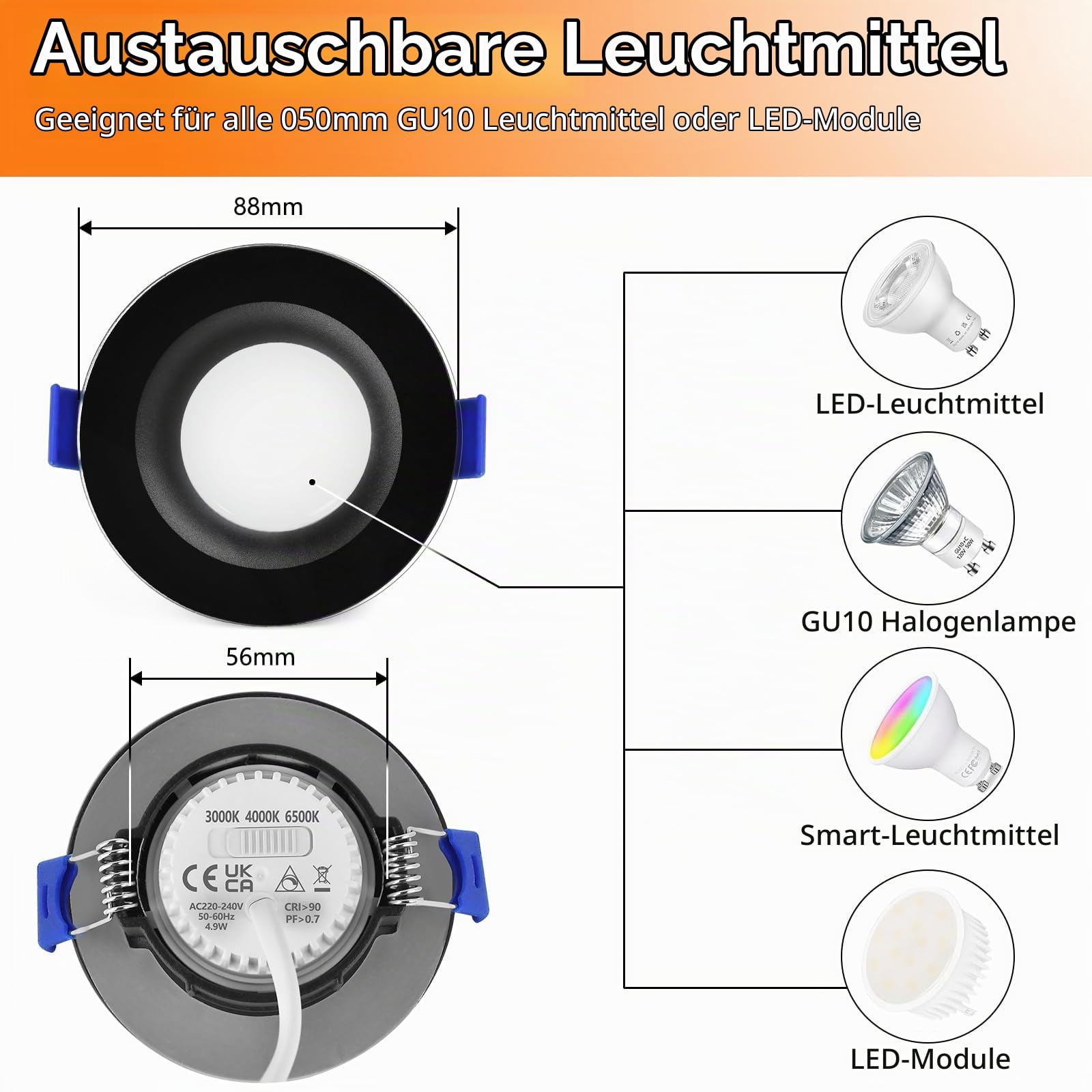 YindaLux LED Einbaustrahler 230V Dimmbar Flach LED Spots 5W IP65 Deckenspots Warmweiß Neutralweiß Kaltweiß Einbauleuchten 68mm 500LM Einbauspots für Badzimmer Wohnzimmer Rund Led Spot Schwarz, 6er Set