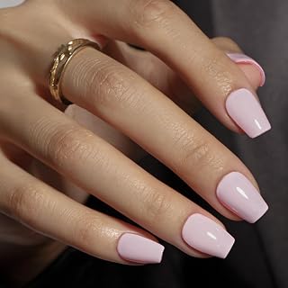 KQueenest Light Pink Press On Nails Short - Acrylic Press On Nails Coffin, Sheer Dusty Pastel Pink Fake Nails with Glue, Glossy Opaque, Ballerina Reusable Soft Gel Glue on Nails for Women, 30 Pcs