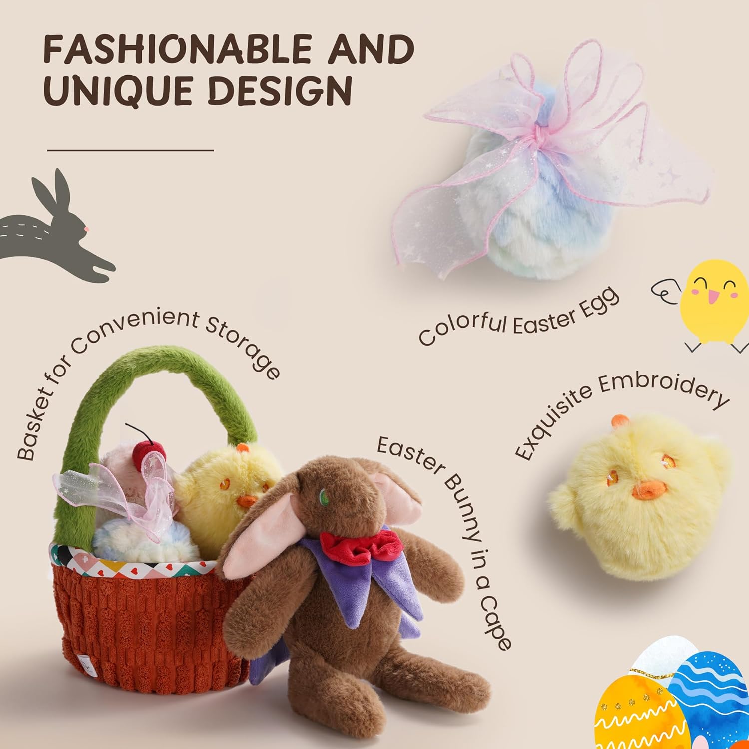 Nocciola Basket Dog Toys - Durable Stuffed Plush Bunny Dog Squeaky Toys for Small, Medium and Large Breeds, Easter Basket with Egg & Rabbit & Chick & Cake Puppy Toy