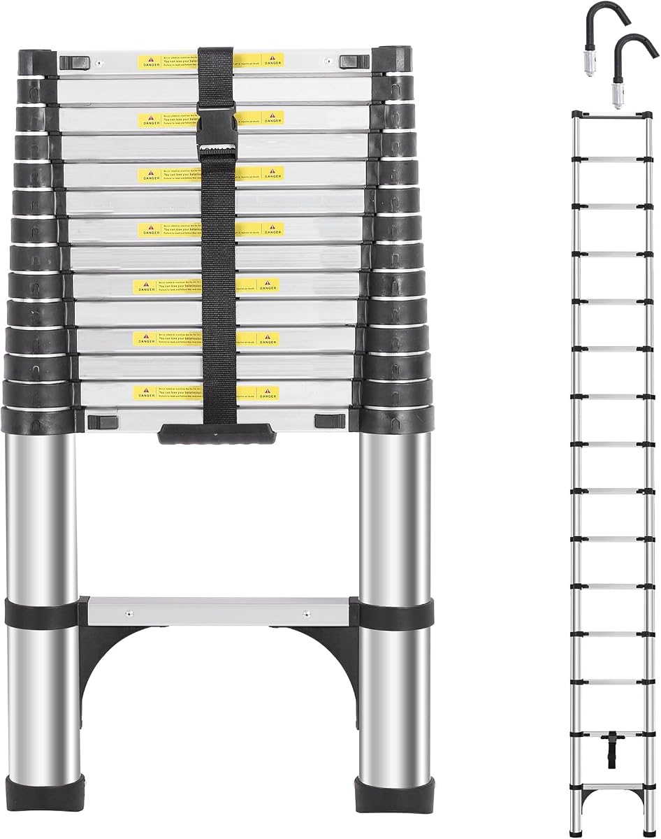DEZEX Telescoping Ladders 15.5 FT Aluminum Ladder - One-Button Retraction Collapsible Extension Ladder with Hooks, Compact Ladders for Home,RV,Attic & Loft, Lasts 330 LBS