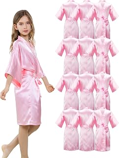 ALHAVONE 12 Pack Girls Satin Kimono Robes - Silky Short Spa Robes for Kids Birthday Party, Wedding, Sleepover