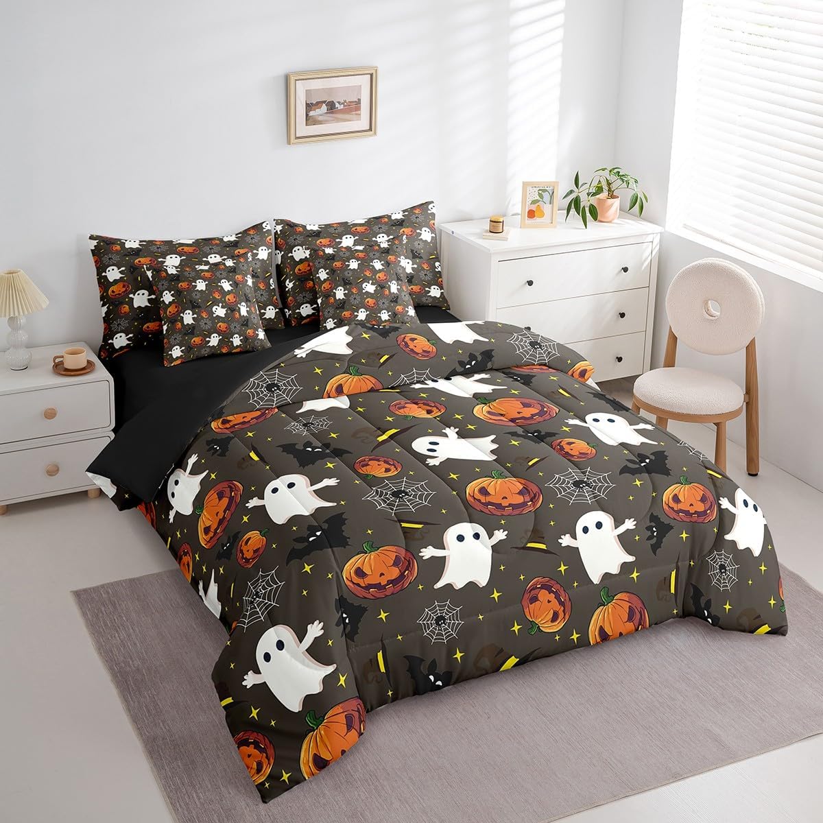 Feelyou Halloween Themed Comforter Queen Size 7 Pieces for Kids Cute Ghost Bat Bedding Set Spider Web Pumpkin Lantern Outer Space Bed in a Bag with Comforter, Sheets, Pillowcases & Cushion Cover