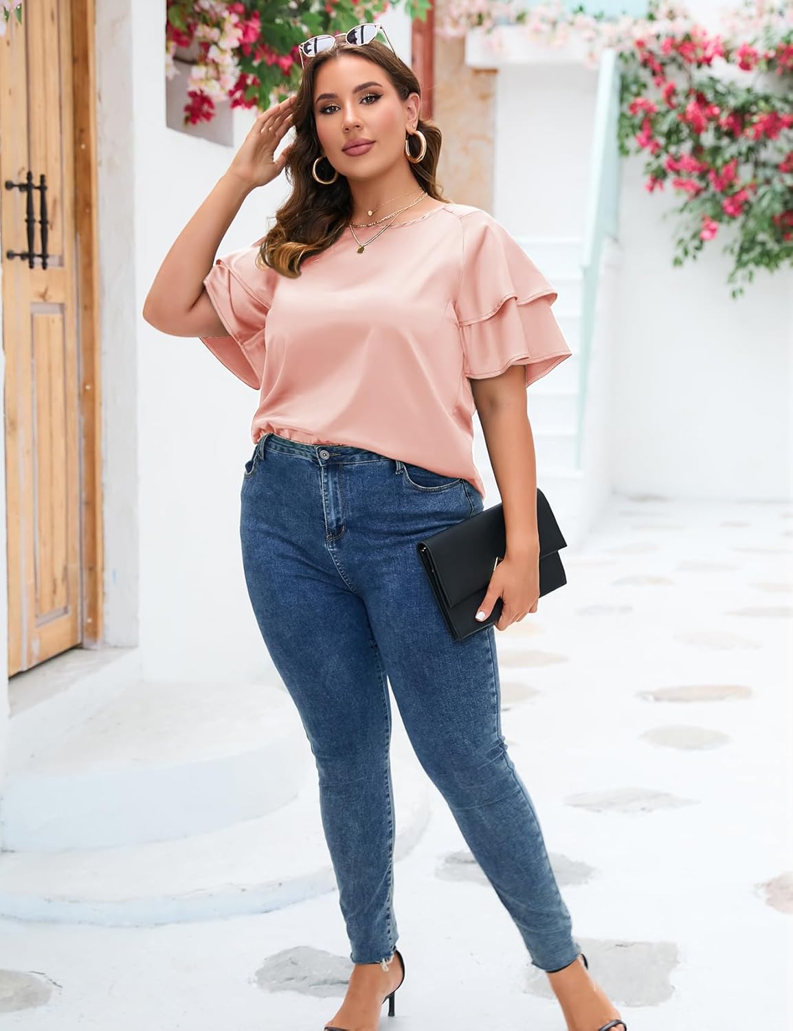 ZOMVA Women's 2024 Plus Size Satin Blouse Short Ruffle Sleeves Silk Top Dressy Shirt Office Elegant - Image 4