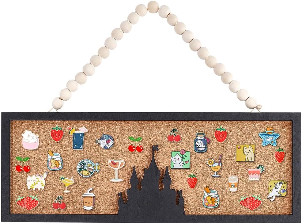 CRASPIRE Rectangle Castle Pin Board Cork Wood Hanging Wall Mounted Black Framed Bulletin Display Badge Organizer 15x5.5In with White Beads Decorative Memory Memo Brooch Lapel for Home Bedroom Party
