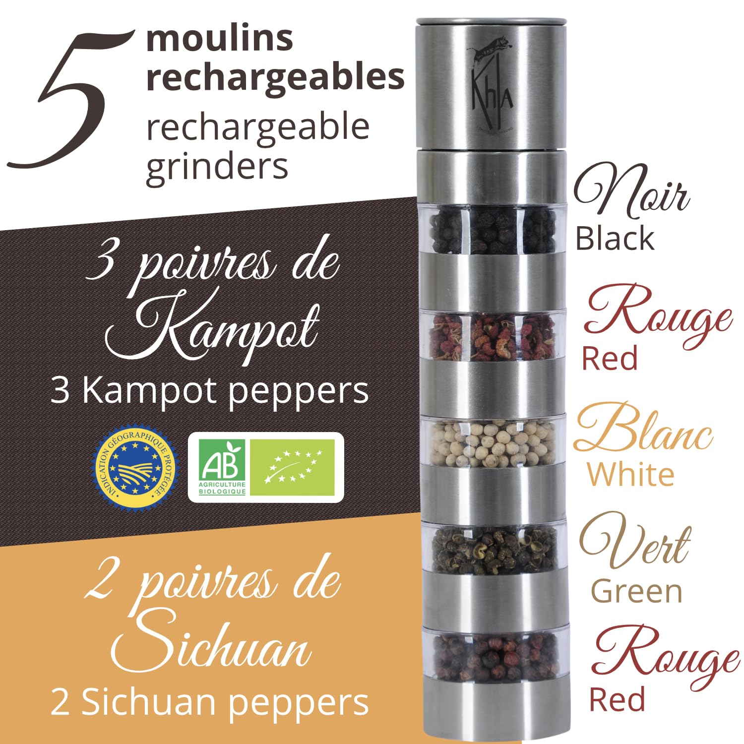 Khla - Confezione 5 Macina Pepe di Mekong - Set Regalo con 5 Pepe di Kampot & Sichuan - Pepe Raro e Premium - Macine di Pepe Ricaricabili - Origine Cambogia & Cina