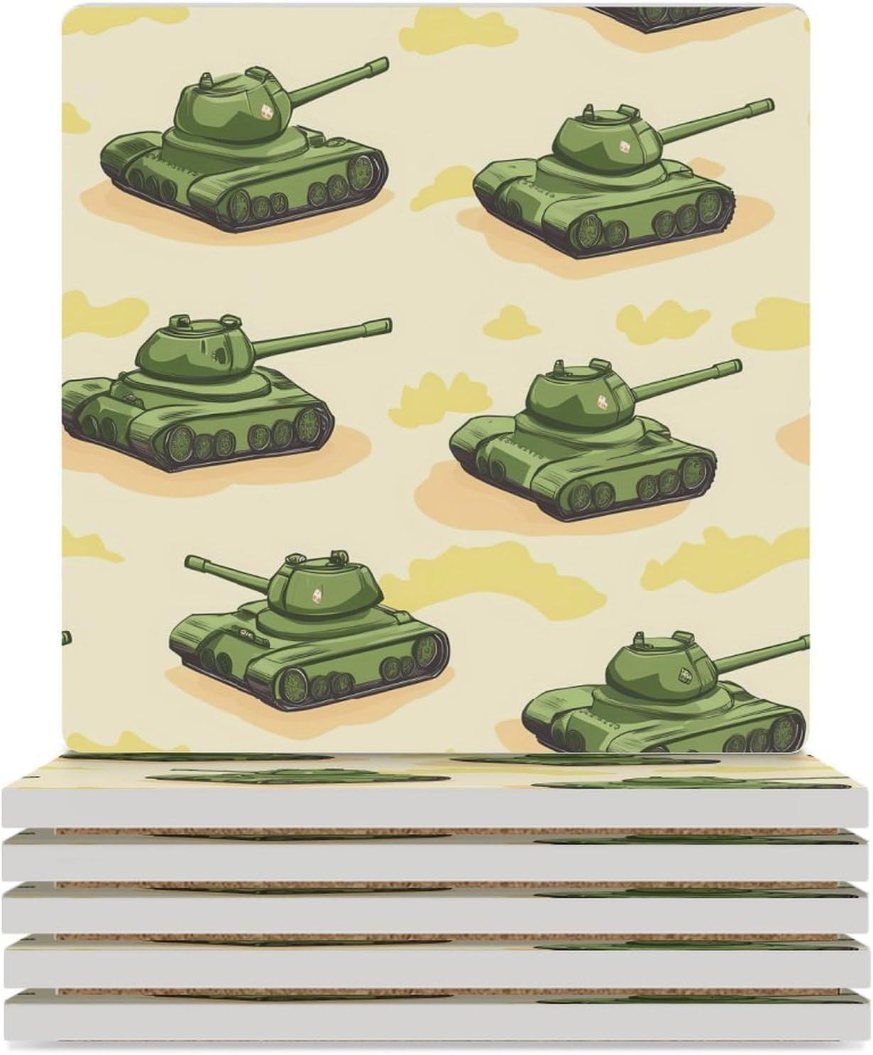 Army Green Tanks Coasters for Drinks Square Table Coasters Set Cup Mats with Cork Base
