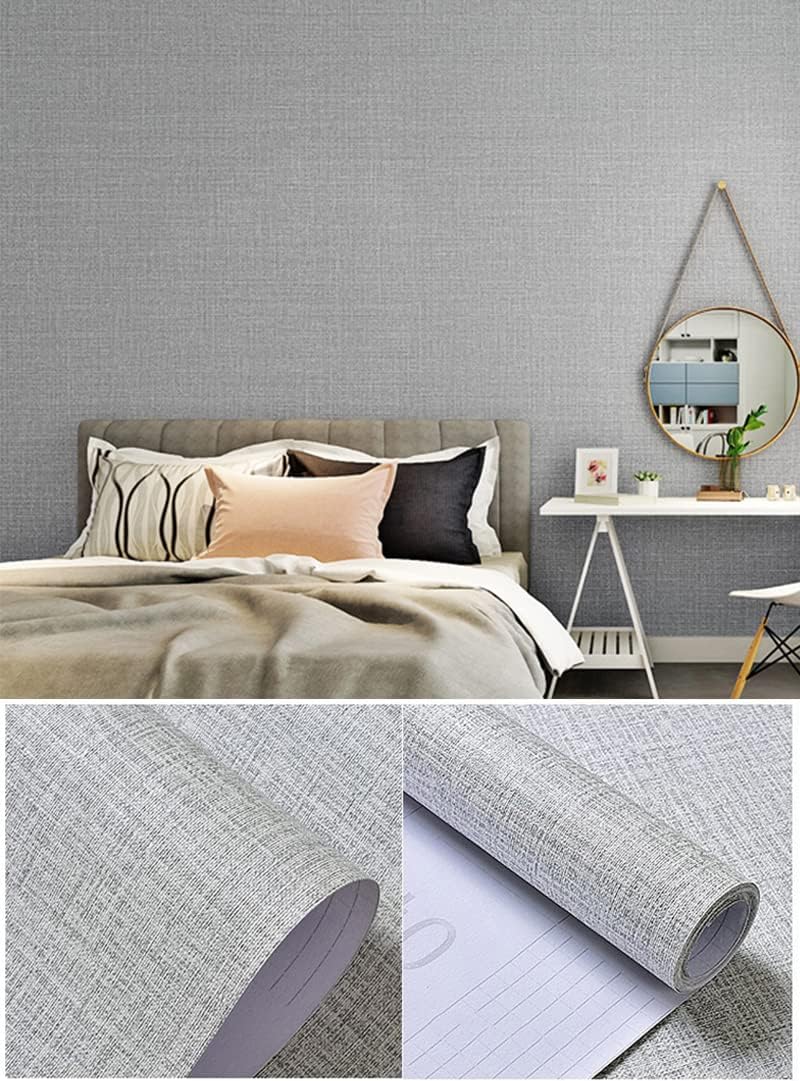 Fabric Peel and Stick Wallpaper Gray Faux Grasscloth Wallpaper Self-Adhesive Linen Wallpapers 17.8” x 393” Removable Wall Paper Embossed Textured Contact Paper Decoration Backsplash Countertop Liners