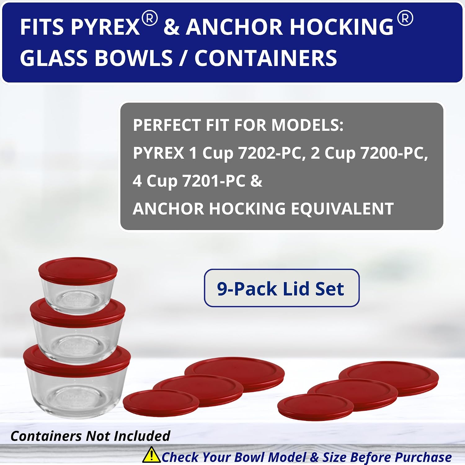1, 2 & 4 Cup Cranberry Replacement Lids/Covers for Pyrex, Anchor Hocking & KlareWare Storage Bowls *Lids Only Glass Container Not Included* (9 Pack *Three of Each Size*)