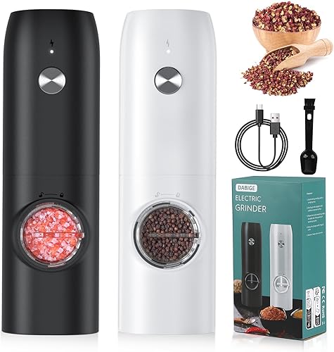 Juego de molinillo eléctrico de sal y pimienta (paquete de 2), funcionamiento con una mano recargable por USB, molinillos de grosor ajustable,