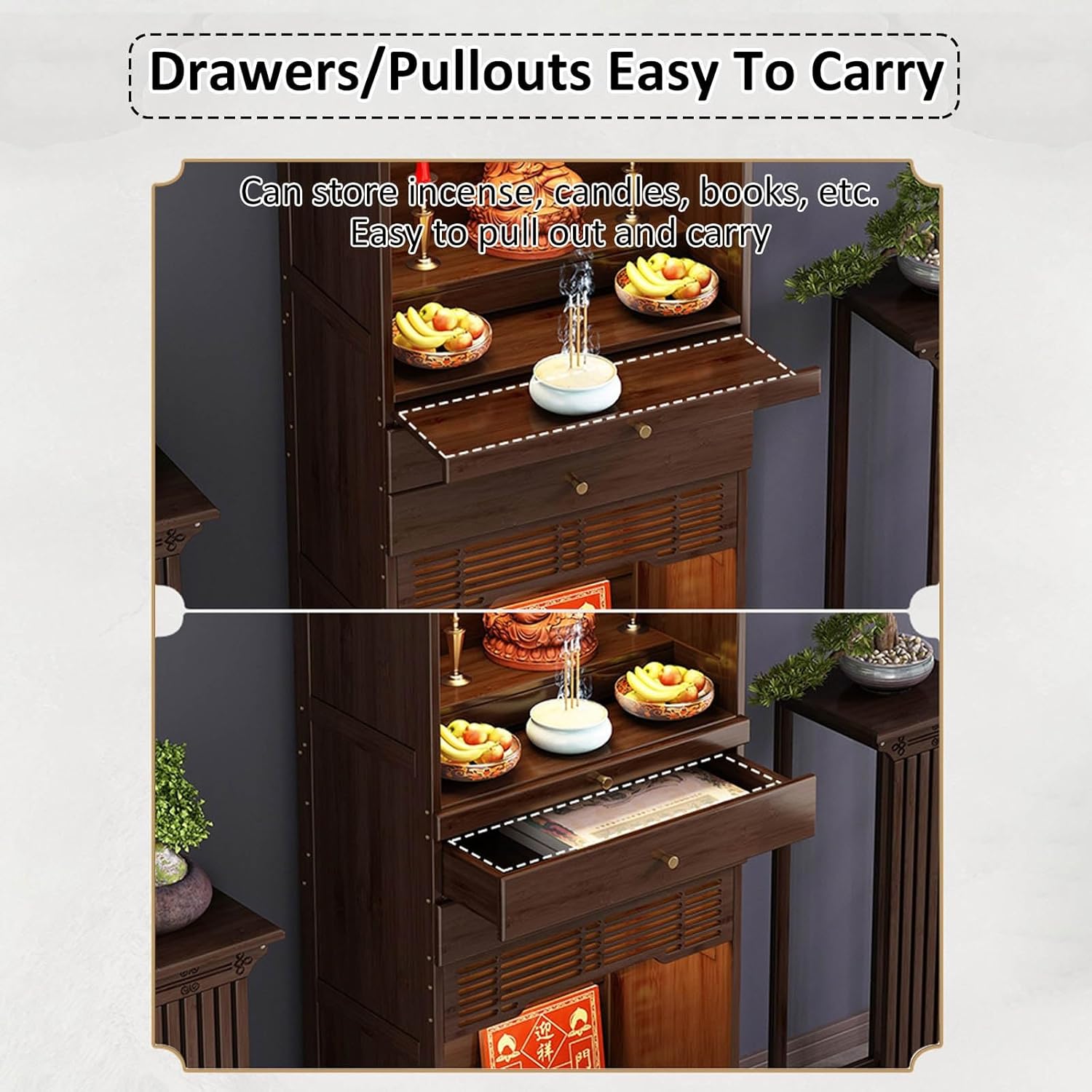 Personal Shrine Altar Table Chinese Cabinet Pedestal Offering Table Bamboo Prayer Meditation Table with Drawers and Storage for Living Room Bedroom Office(27.95x15.75x69.29in)
