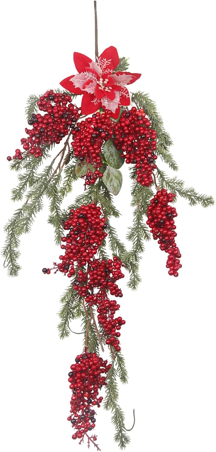 Christmas Teardrop Floral Swag Wreaths Christmas Swag with Poinsettia Flowers and Mini Red Berries Hanging Winter Door Swags Artificial Garland Swags for Door Window Mantle Fireplace Wall Decor