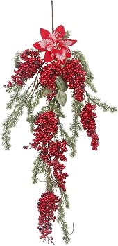 Christmas Teardrop Floral Swag Wreaths Christmas Swag with Poinsettia Flowers and Mini Red Berries Hanging Winter Door Swags Artificial Garland Swags for Door Window Mantle Fireplace Wall Decor
