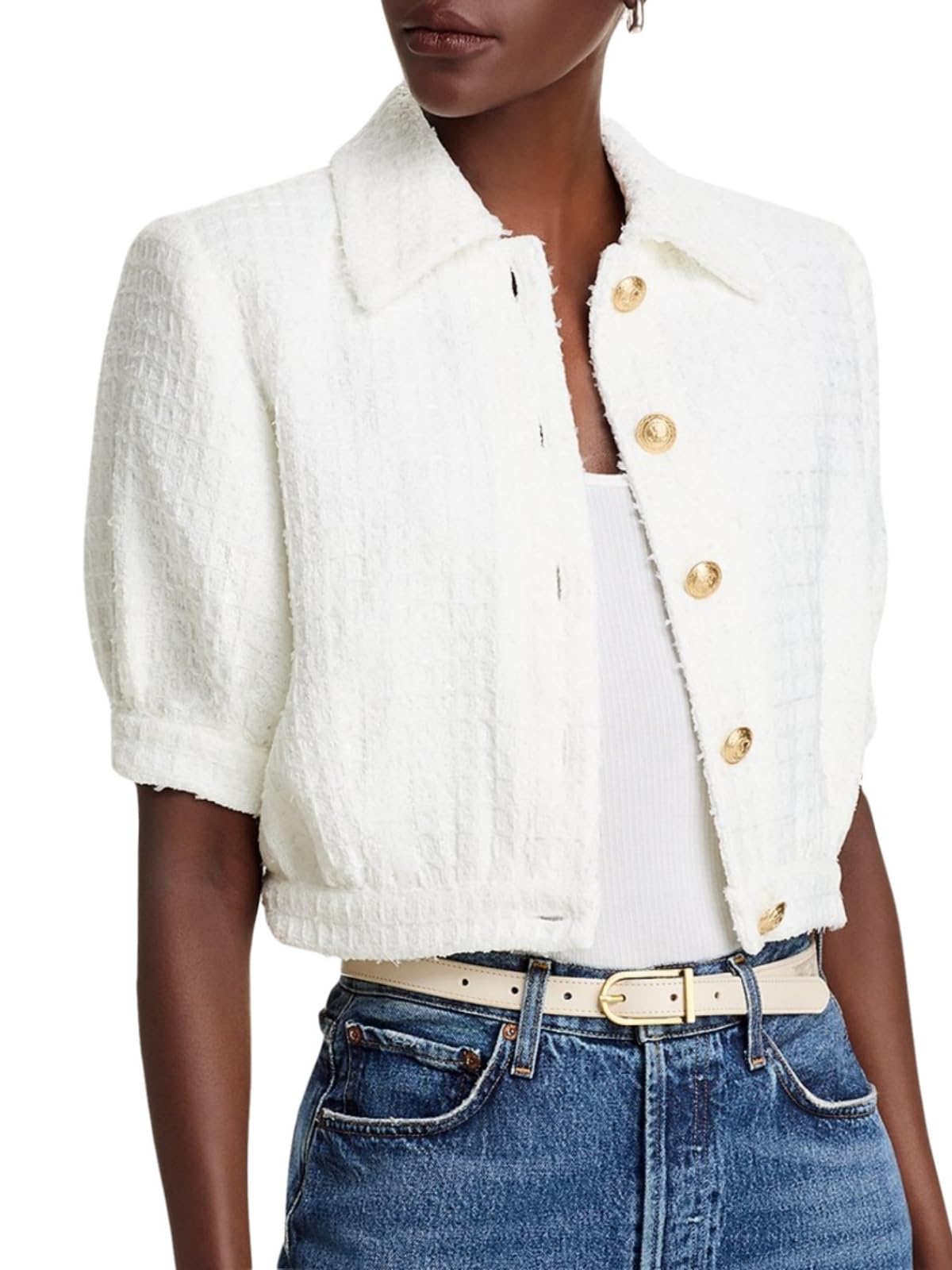 lifeshe Tweed Blazers for Women Cropped Short Sleeve Jacket Summer Work Business Casual Coat No Pockets-picture-10