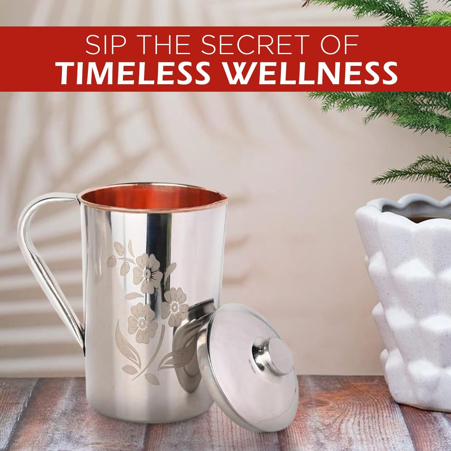 2actielife Ayurvedic Copper & Stainless Steel Water Jug | Pure Copper Inside, Durable Stainless Steel Outside | 1.5L Floral Design Pitcher for Health & Wellness - Image 5