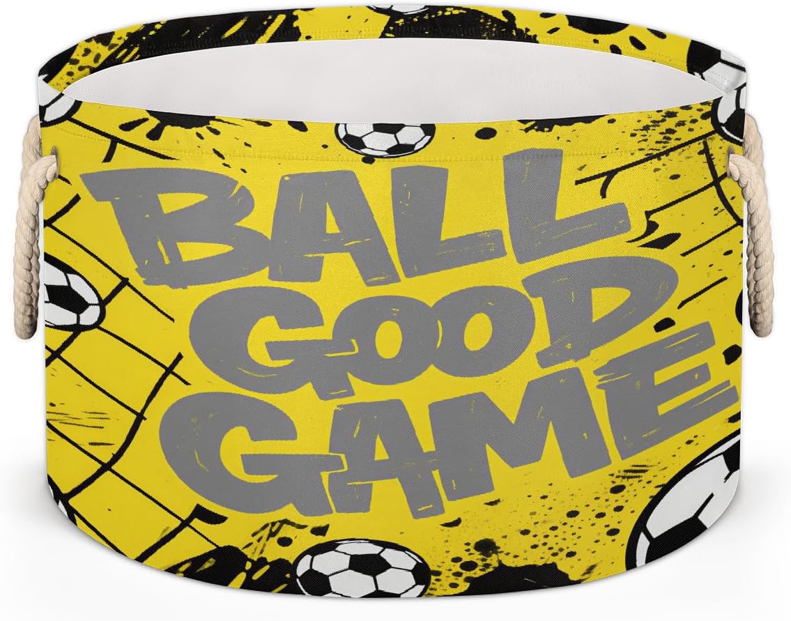 Large Storage Baskets - Soccer Goal Yellow Nursery Round Collapsible Organizer Bin Box, Laundry Hamper for Kids Toys, Blanket, Bedroom Living Room Home Decor, Gift Basket, 19.4"x13.3"