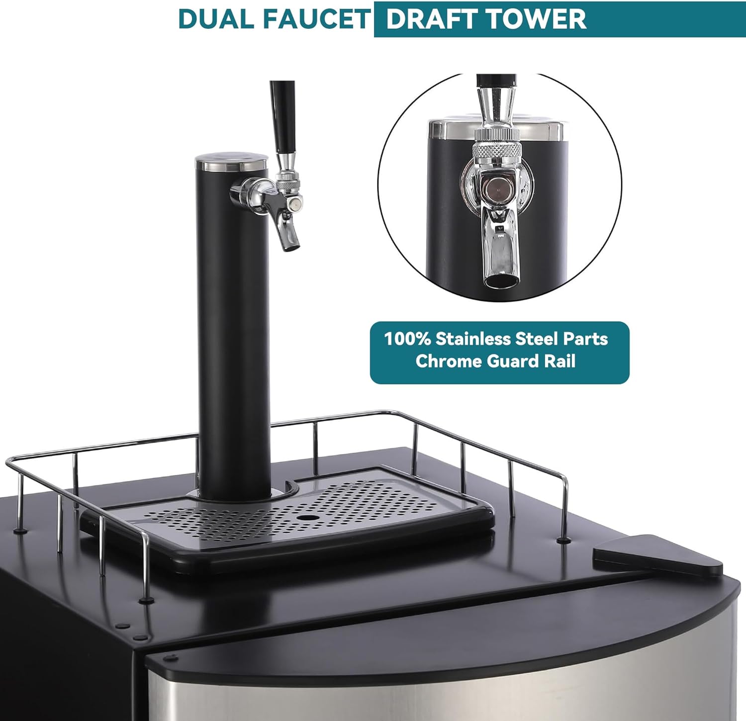 Full Size Stainless Steel Beer Kegerator 128L Draft Beer Dispenser With Drip Tray Fits 1/2, 1/4 Pony & 1/6 Kegs Adjustable Temp 32°F-50°F
