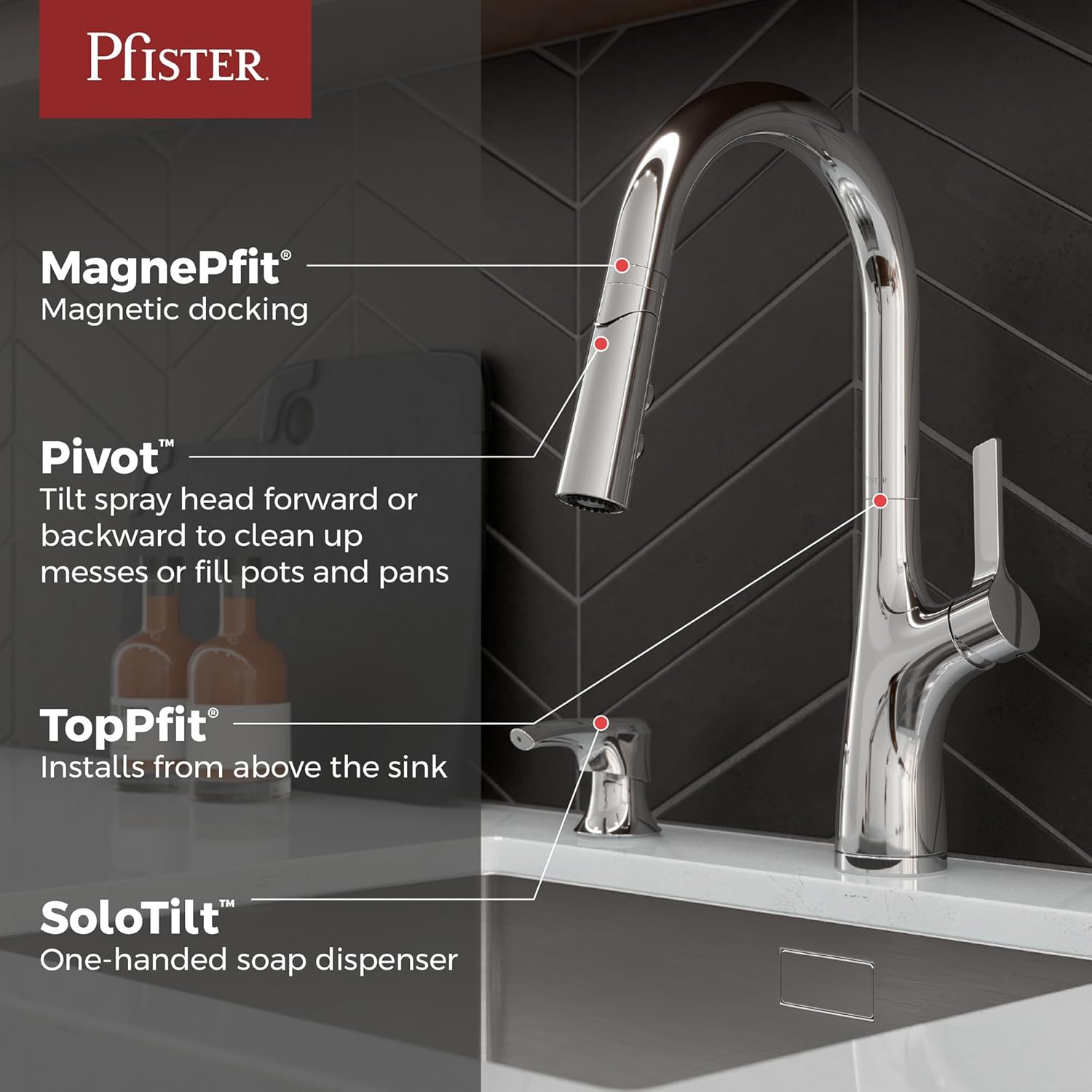 Pfister Ceylon Kitchen Faucet with Pull Down Sprayer and Soap Dispenser, Single Handle, NSF Certified, Polished Chrome Finish, F5297CLOC