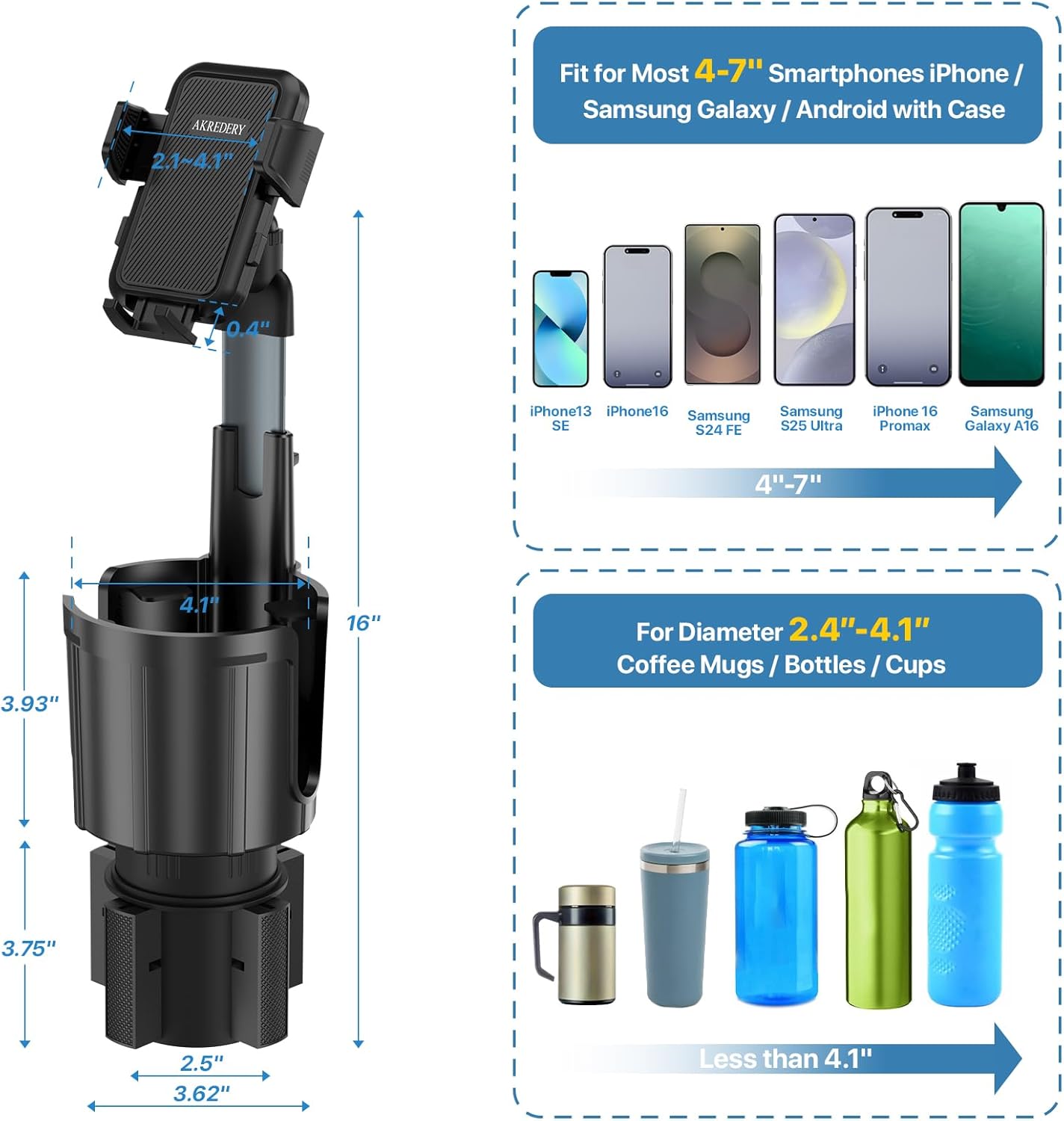Car Phone Mount with Cup Holder Expander - Upgraded Anti-Shake 2-in-1 Cup Phone Holder for SUVS Trucks with Adjustable Aluminium Alloy Long Neck, fit for iPhone Samsung Galaxy (Black)