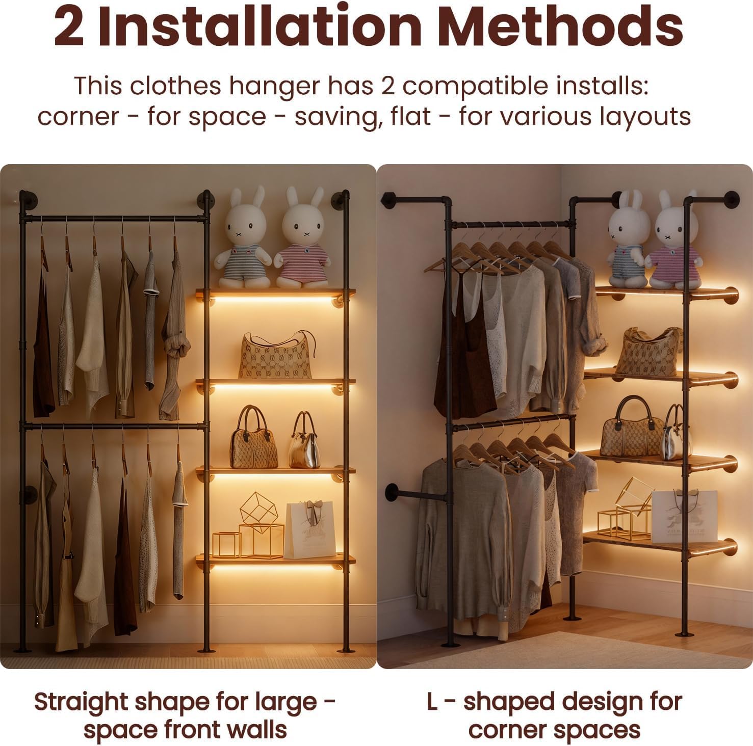 Industrial Pipe Clothes Racks with LED Lights& Shelves, Heavy Duty Adjustable Garment Hanger with Shelves, 2 Installation Methods Closet Storage System for Wardrobe Organization,Black