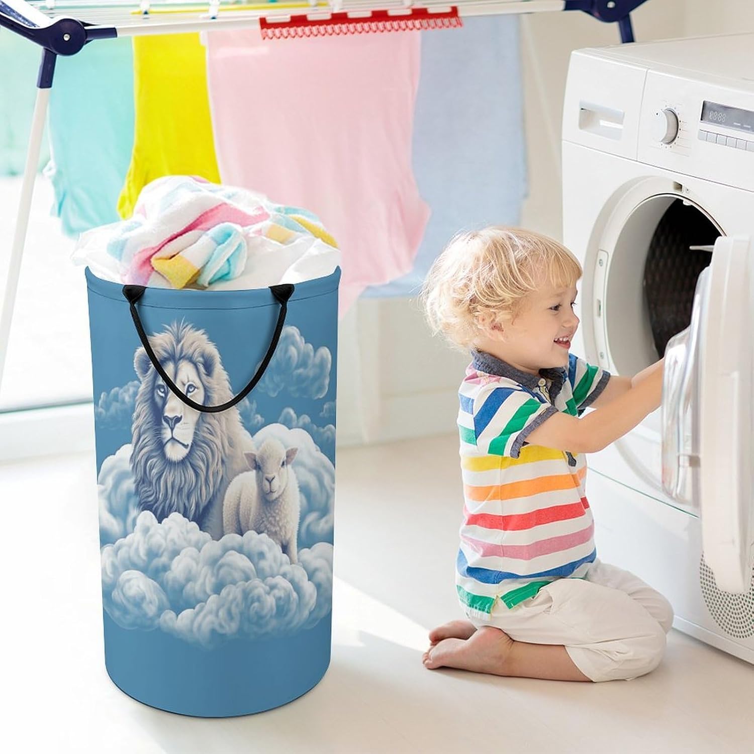 Large Laundry Hamper with Handles Lamb with A Lion On The Clouds Laundry Basket Freestanding Waterproof Clothes Hamper for Living Room Bedroom Bathroom College Dorm
