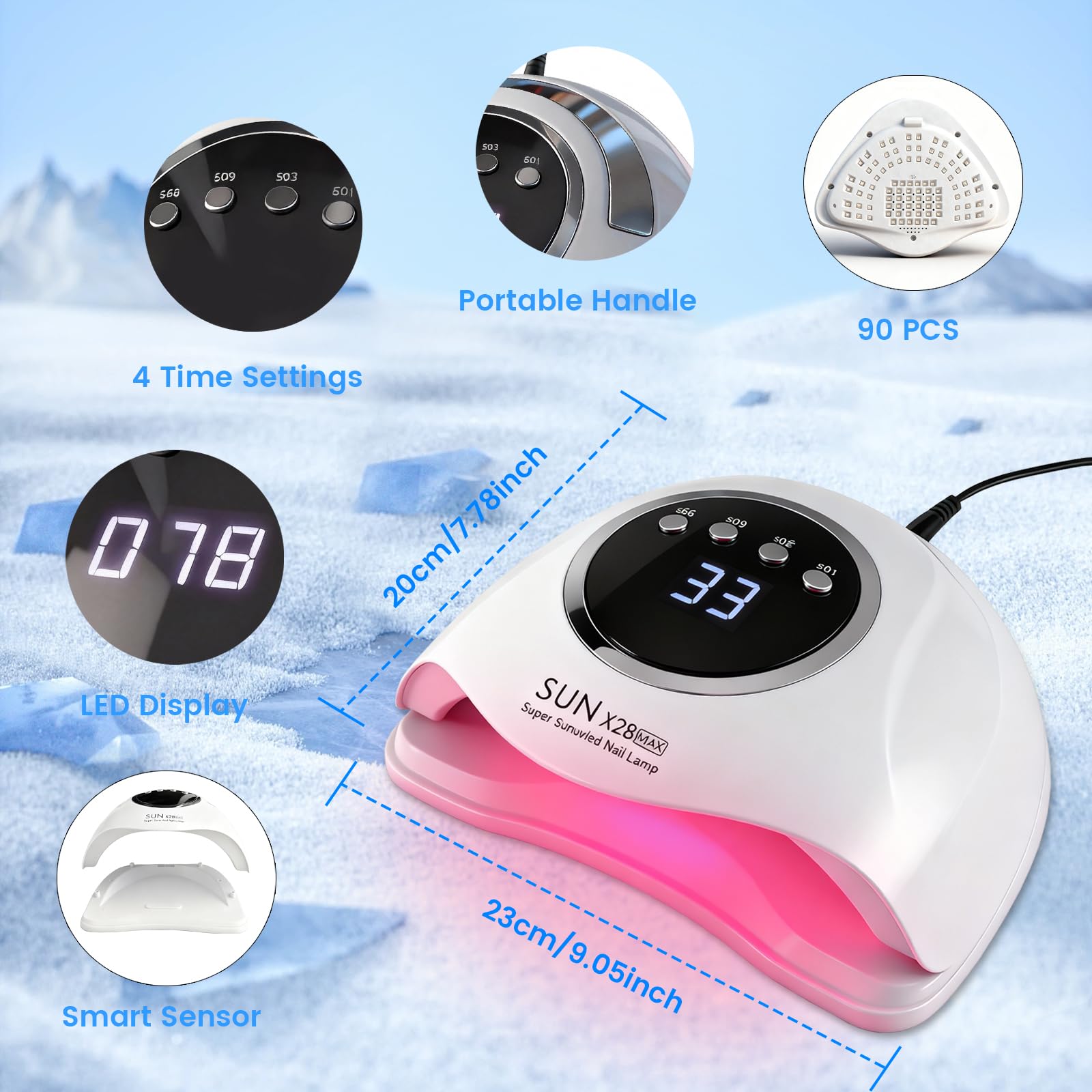 Lampada UV LED professionale da 500 W con 90 LED - Sensore intelligente e 4 timer per un'asciugatura rapida dello smalto gel - Asciugatore per unghie di qualità professionale per uso domestico