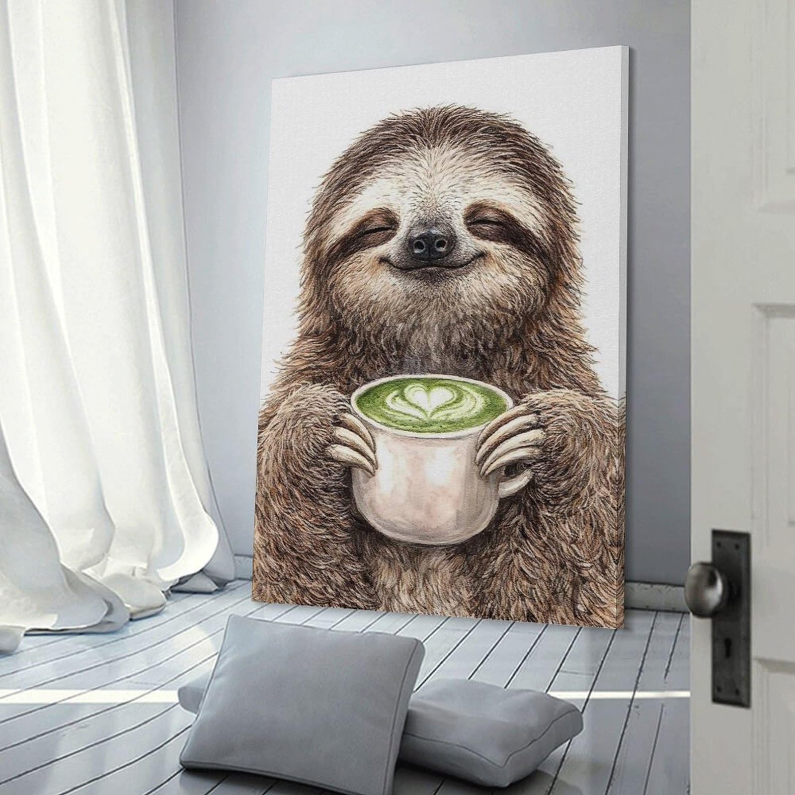 Junmoney Wall Art Print Sloth Enjoying Matcha Latte, 24x36inch(60x90cm), for Home Lounge, Bedroom Or Reading Nook, Modern Wall Decor for Cosy Interiors