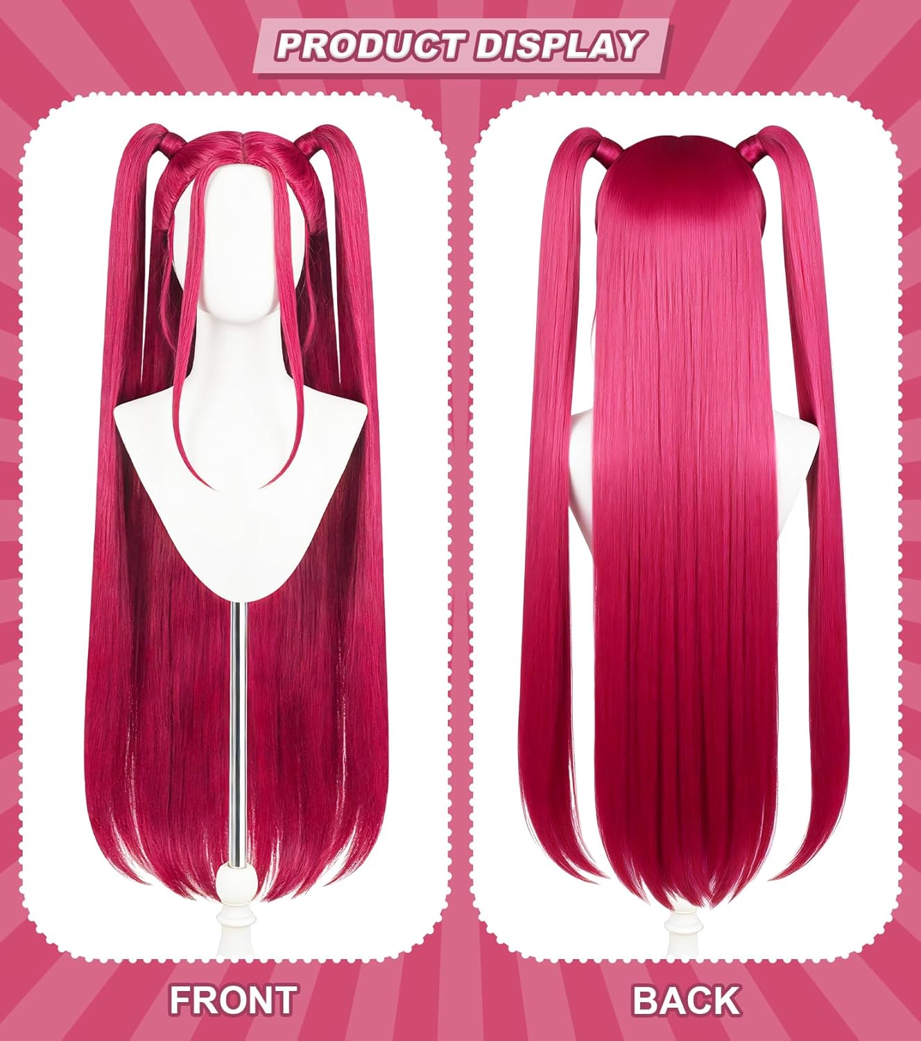 Long Straight Hot Pink Cosplay Wig with 2 Ponytails - Synthetic Anime Wig for Halloween, Carnival, Costume Parties, Women Adults