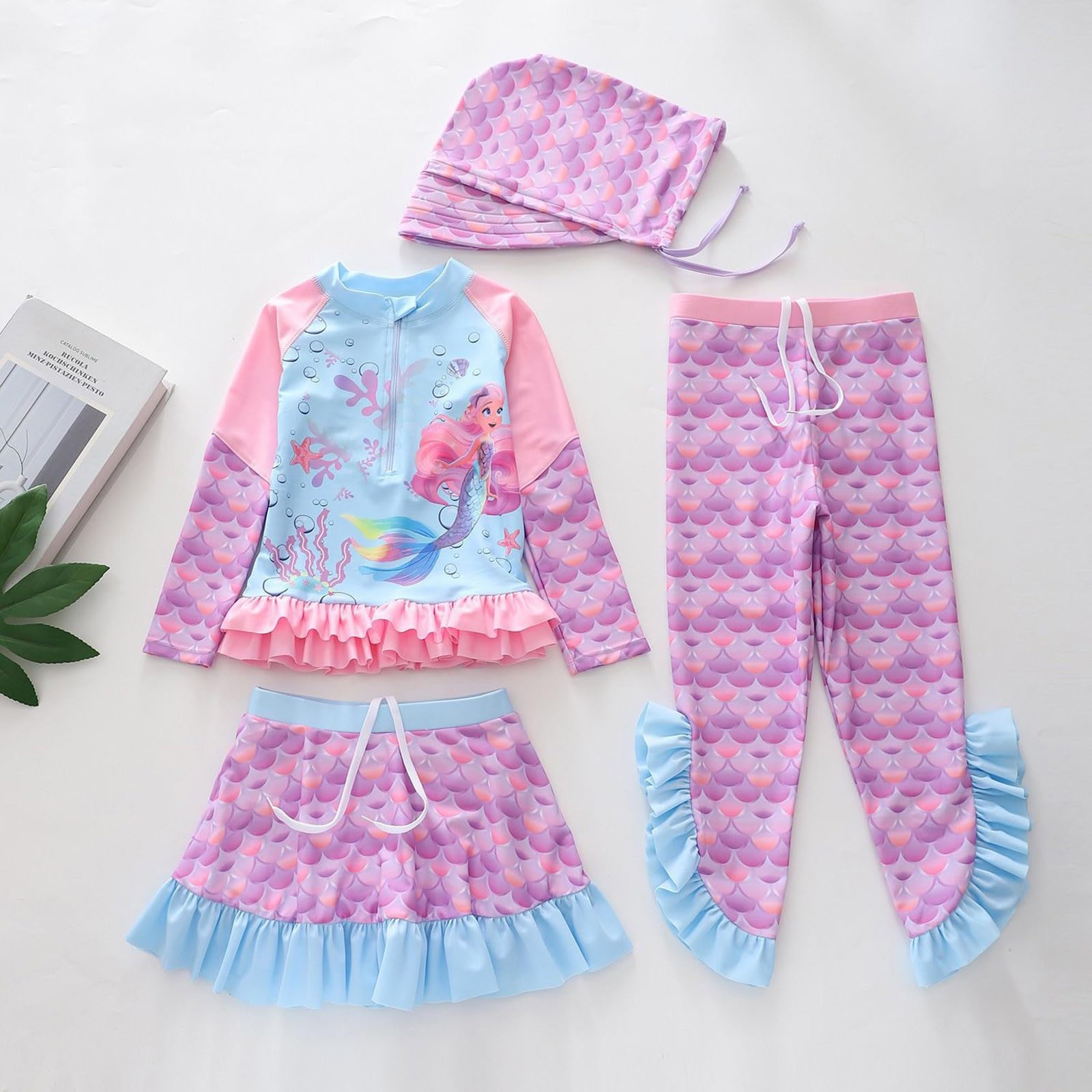 Generisch Bañador para niña de manga larga con bonito estampado de dibujos animados y patrón de escamas, traje de cuatro piezas