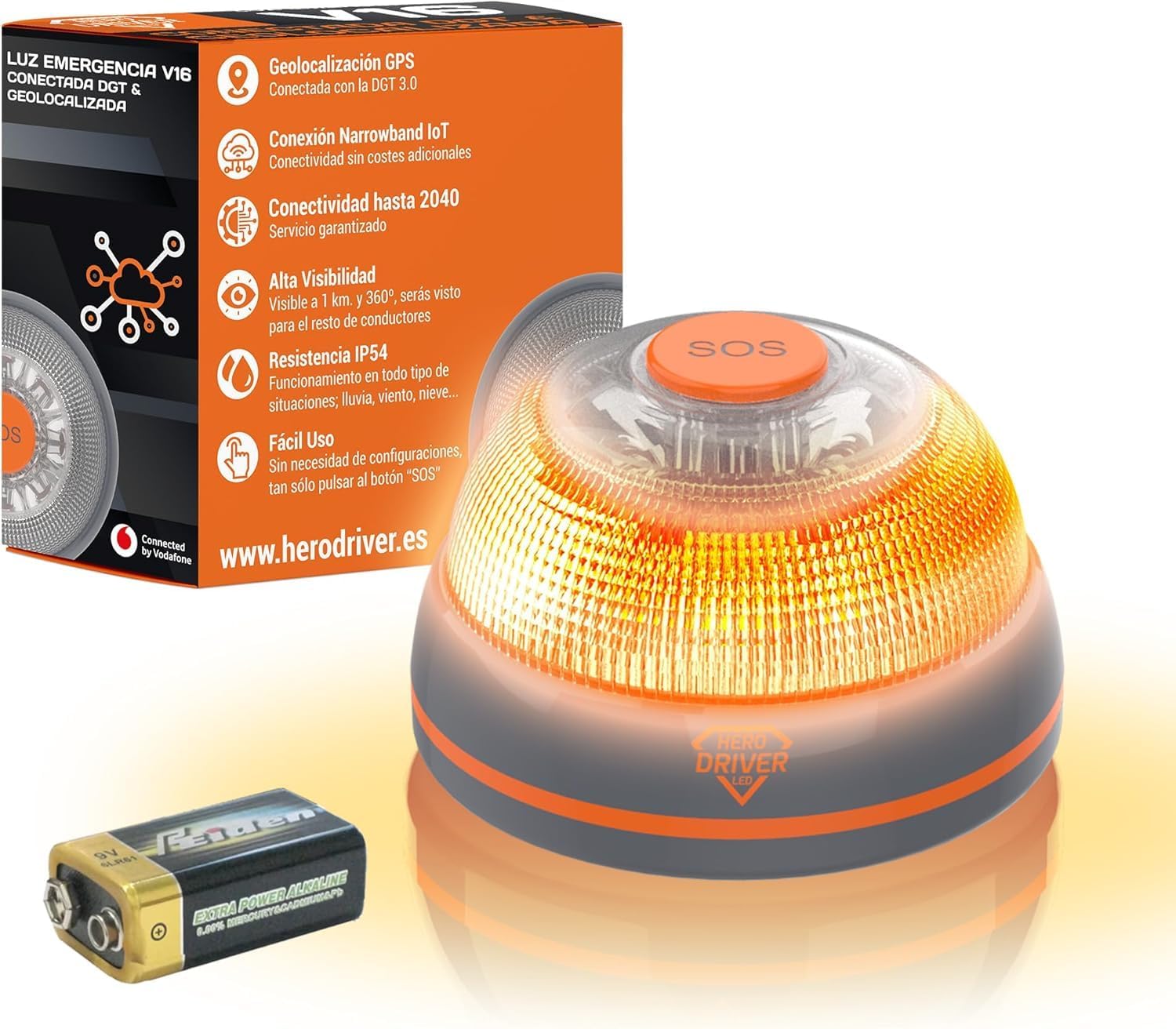 Hero Driver LED Pack Baliza V16 Conectada Certificada DGT + Lmpara Frontal LED Recargable USB-C Seguridad Vial 2026
