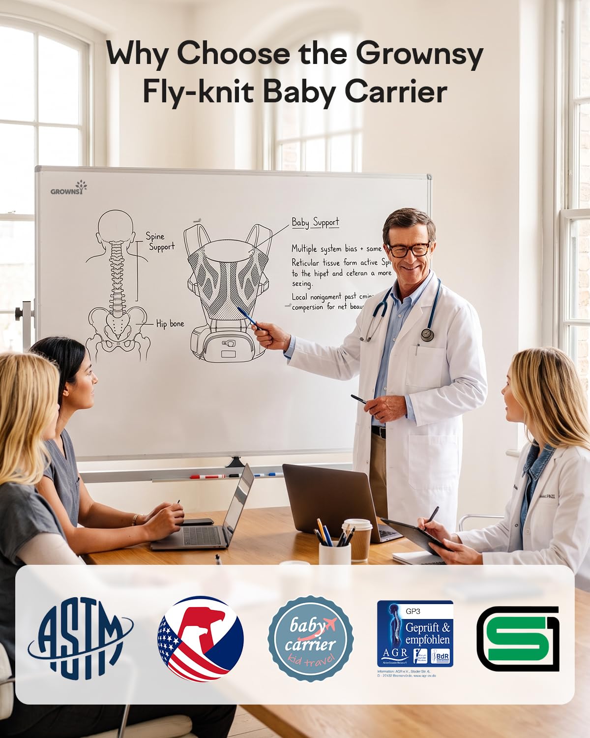 Grownsy Innovative Cooling Baby Carrier with Quiet Built-in Fan, Black | Safety Certified, 360 Ventilated Airflow, All-Day Breathable Cool Comfort, Ideal For Summer, Fits 7-50lbs Newborn To Toddler