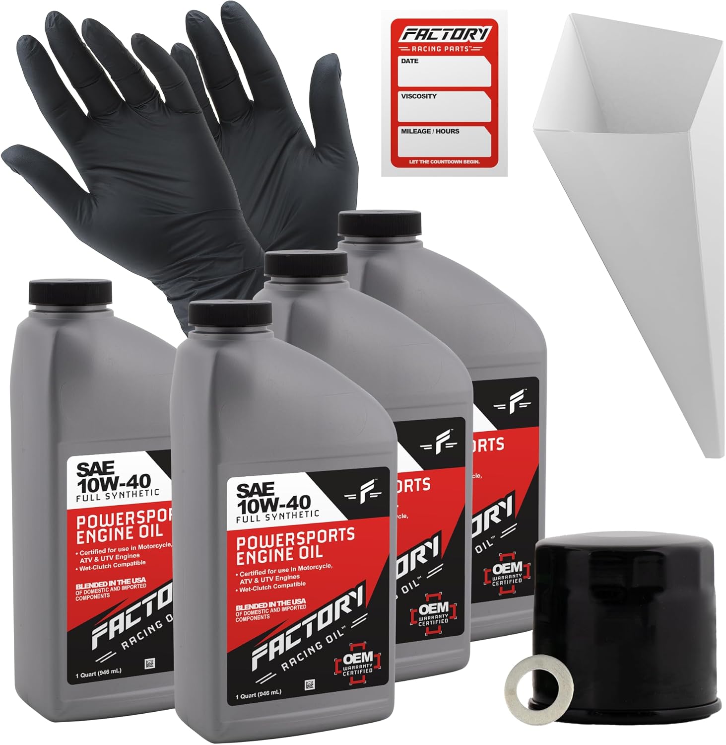 Factory Racing Parts Oil Change Kit compatible with Suzuki GSX600F GSX650F GSX750 GSF1200 –Includes 4 Qts 10W-40 Full Synthetic Oil, 1 Filter, 1 Crush Washer, 1 Funnel, 1 Oil Change Reminder Sticker