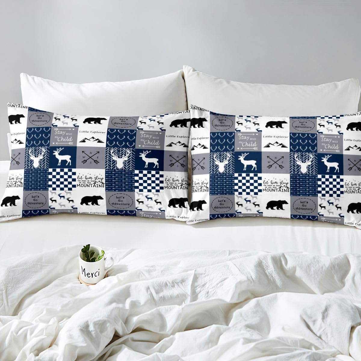 Feelyou Deer Moose Print Duvet Cover for Girls Women Teens Adult, Kids Boys Bear Hunting Theme Bedding Set, 3D Wild Animal Comforter Cover Set,Blue with 1 Pillowcase 2Pcs Bedding Twin