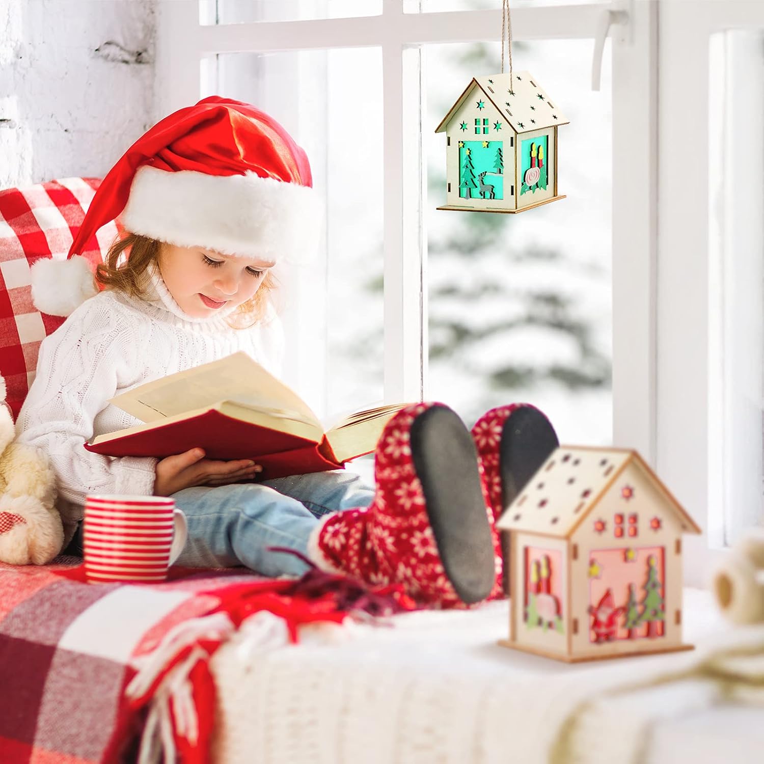 Christmas Craft Houses Kits 2 Unfinished Larger Houses Adults DIY Crafts for Adults Wooden Craft 3D Cutting Puzzle Toy Colorful LED for Christmas DIY Indoor Outdoor Decorations : Toys & Games