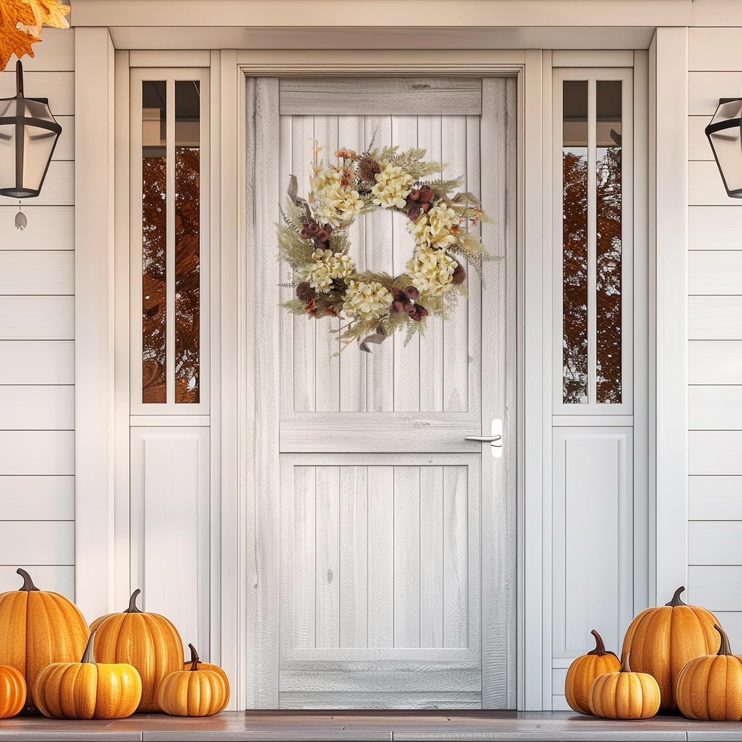 20 Inch Winter Fall Wreaths for Front Door, Boho Front Door Wreath, Fake Dried Hydrangea Flowers, Burlap, Pampas Fall Decorations for Home Farmhouse Front Porch