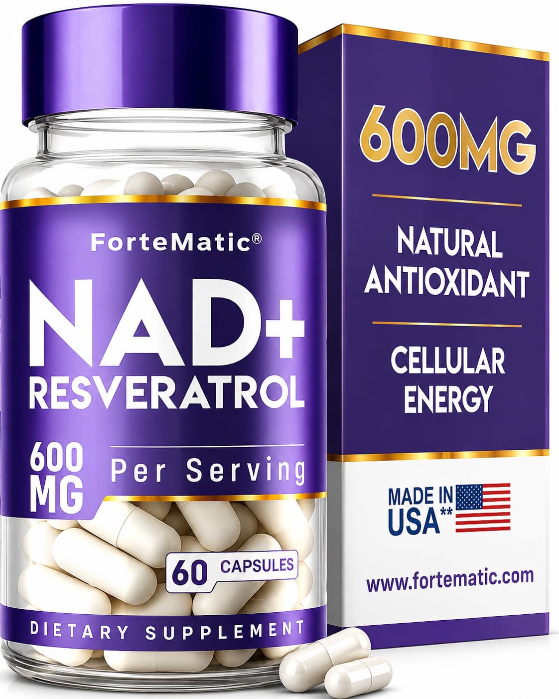 NAD+ Resveratrol Supplement 600mg – Cellular Energy & Healthy Aging Support with Antioxidants, NAD Plus & Resveratrol Complex, Metabolism & Brain Health Support, 60 Capsules, Made in USA