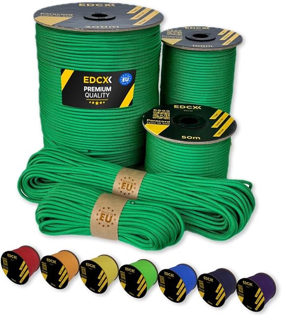 EdcX Paracord 4mm, 35+ Solid Colors (15m, 30m, 50m, 100m, 300m) | Ideal for Crafting, DIY, Camping, Survival, Outdoor | 100% Nylon Rope 4mm | Tactical Cord 550 Type III (Green, 30 m)