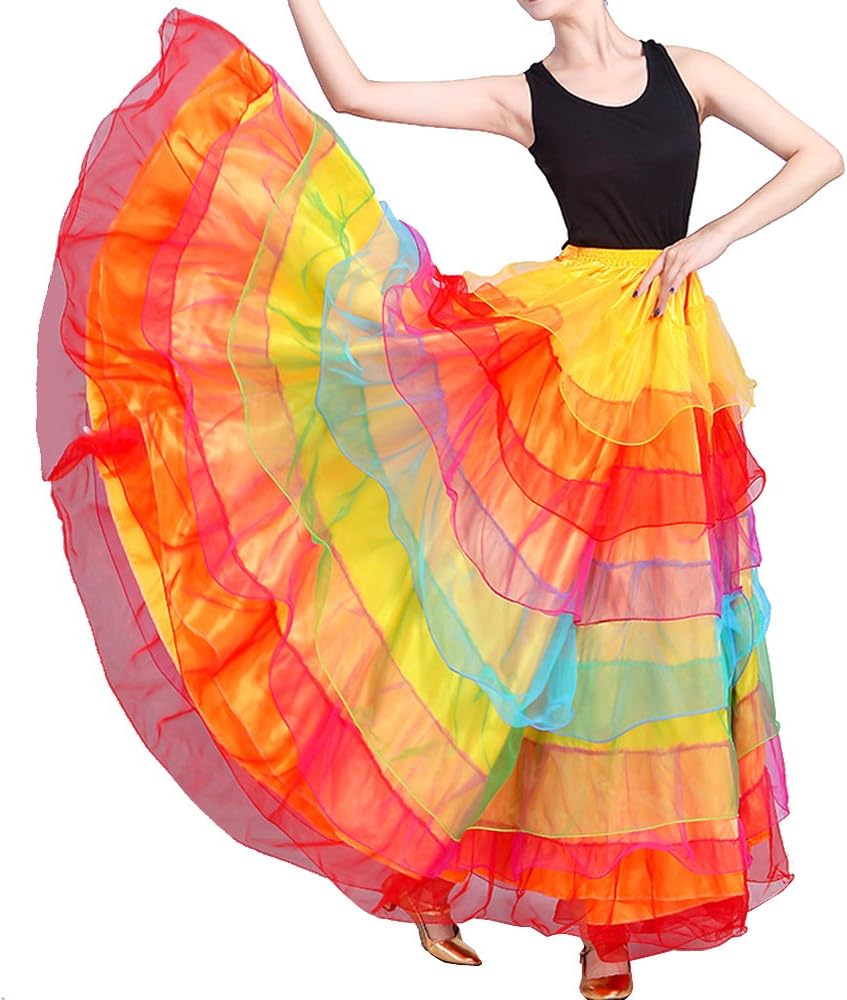 Womens Ballroom Twirling Long Tutu Skirt for Flamenco Belly Dance Performance Halloween Costume