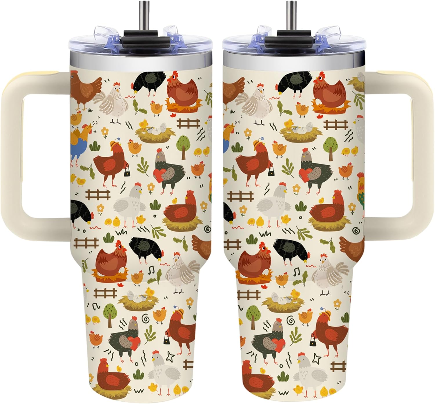 Chicken Gifts for Women - Chicken Tumbler with Handle, 40 oz Stainless Steel Tumbler Vacuum Insulated Coffee Cup Travel Mug, Mothers Day & Birthday Gifts for Women Chickens Lovers (with Lid and Straw)