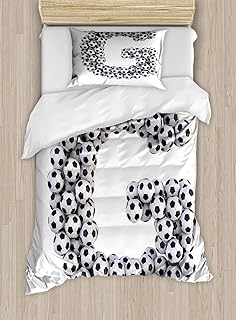 Ambesonne Letter G Duvet Cover Set, Goal Themed Footballs Alphabet Soccer Arrangement Capital Letter Composition, Decorative 2 Piece Bedding Set with 1 Pillow Sham, Twin Size, Black Print