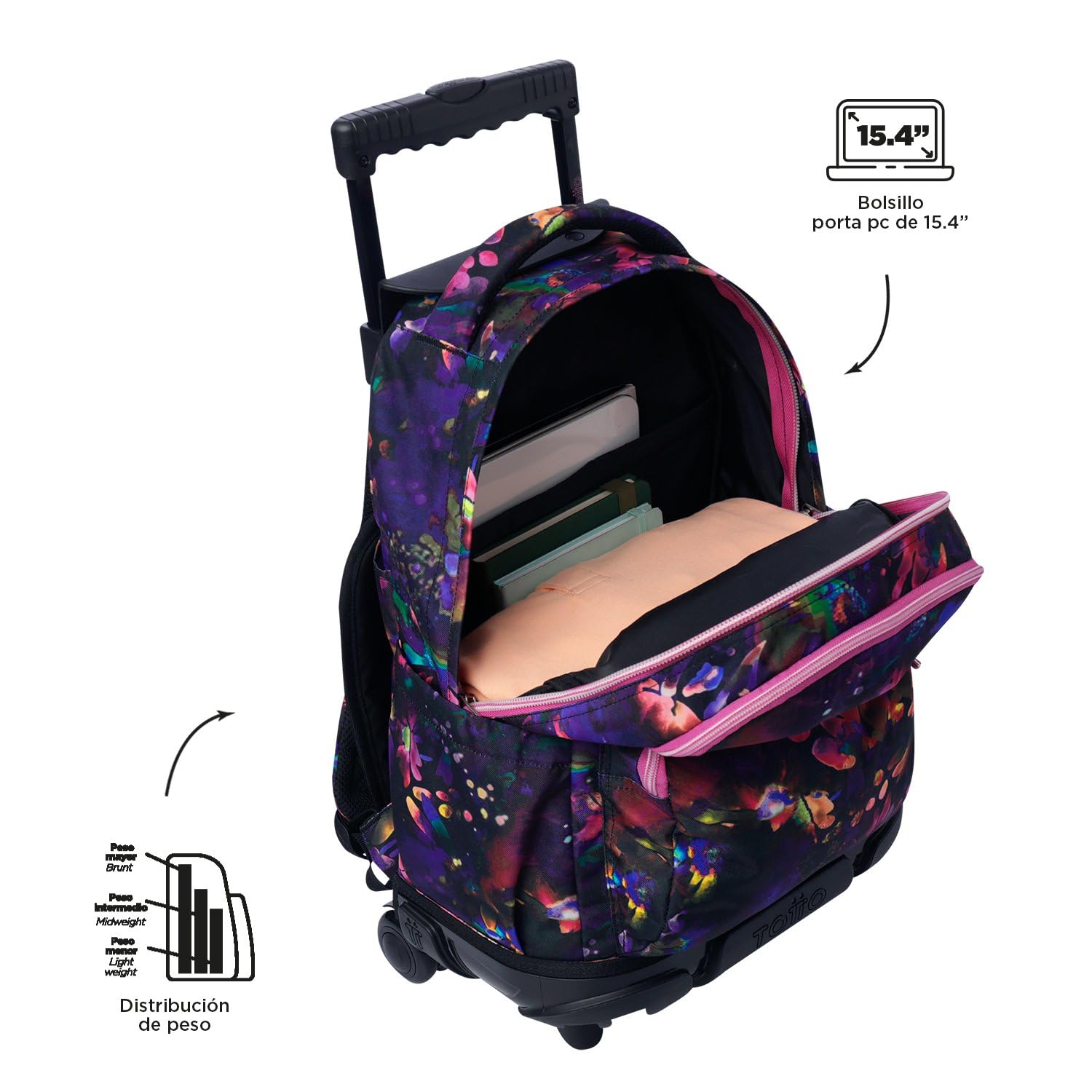 TOTTO - Mochila Escolar con Ruedas, Modelo Renglones, Capacidad 26,21 Litros, Bolsillo para PC 14", Bolsillo Botella, Correas en S para Mayor Comodidad, Resistente, Estampado Flower Galaxy