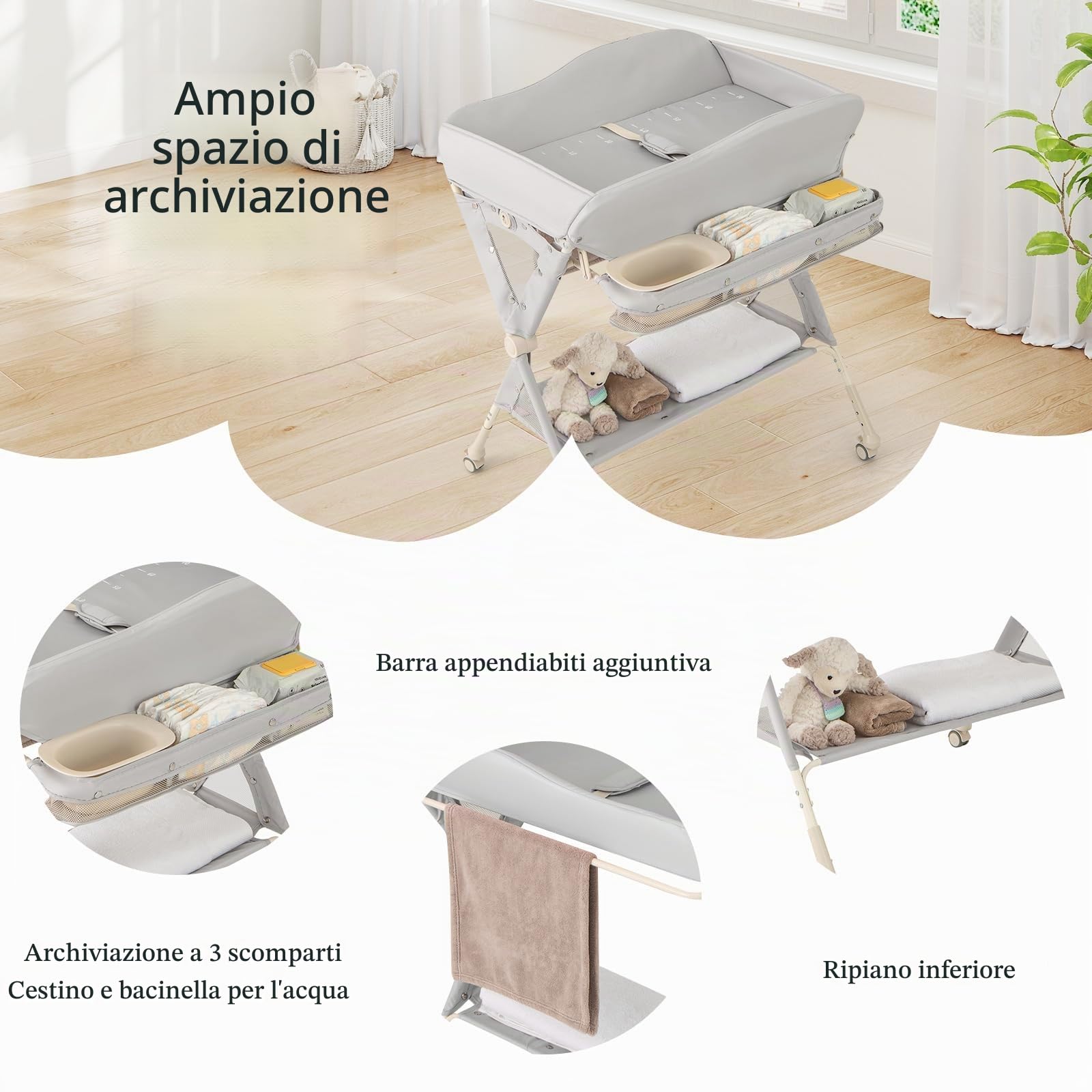 LIFEZEAL Fasciatoio con Ruote Universali, Fasciatoio Pieghevole e Portatile in Tessuto Resistente e Impermeabile con Piccola Vasca, Struttura Robusta, Capacità di 15 kg, per Bambini 0-6 Mesi, Grigio